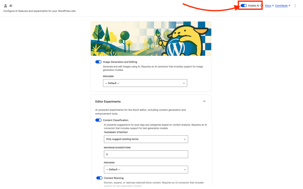 Réglages AI de l'extension AI Experiments, bouton Enable AI activé en haut à droite et premières expériences de l'éditeur.