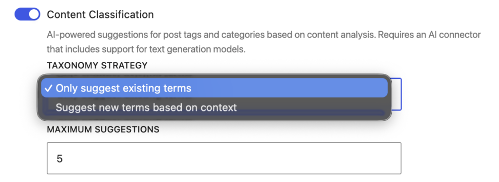Réglage Content Classification, menu Taxonomy Strategy ouvert sur Only suggest existing terms, maximum cinq suggestions.