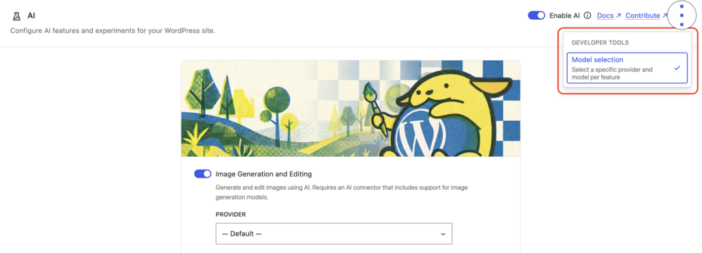 Menu Developer Tools de WordPress 7.0 dévoilant l'option cachée Model Selection, pour choisir le modèle IA par fonction.