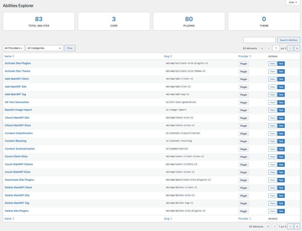 Écran Abilities Explorer listant 83 capacités, 3 du cœur et 80 d'extensions, avec boutons Voir et Tester.