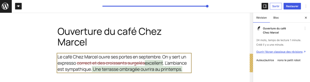 Comparaison de deux versions d'un article, suppressions en rouge barré, ajouts en vert, bloc modifié encadré en jaune.