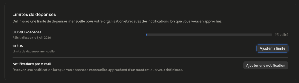Écran Limites de dépenses d'OpenAI, plafond mensuel fixé à 10 dollars avec notifications par e-mail.